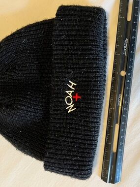 Noah NYC Black Knit Beanie with White Logo and Red Cross